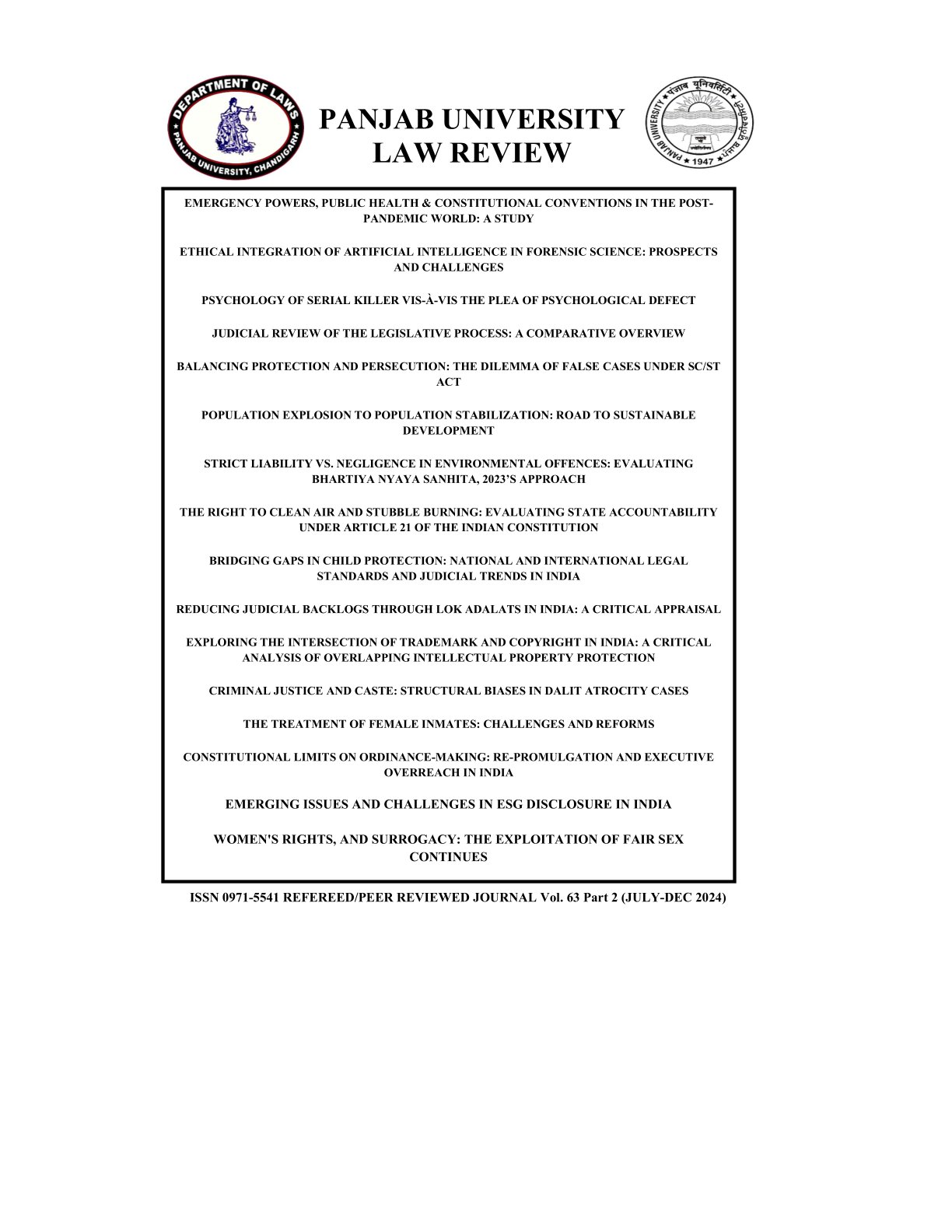 					View Vol. 63 No. 2 (2024): Panjab University Law Review
				