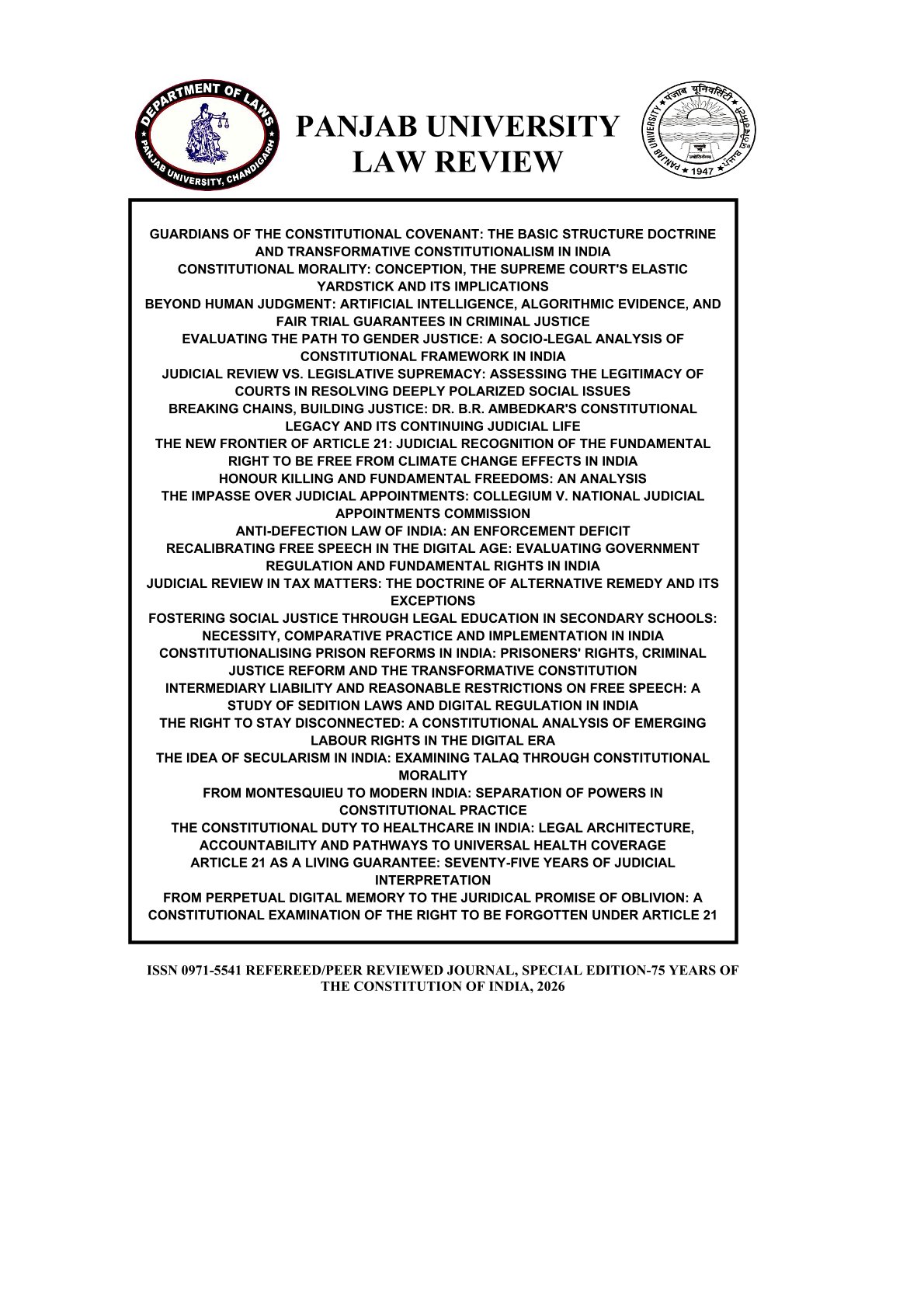 					View 2026: Panjab University Law Review Special Edition- 75 Years of the Constitution of India (1950–2025)
				